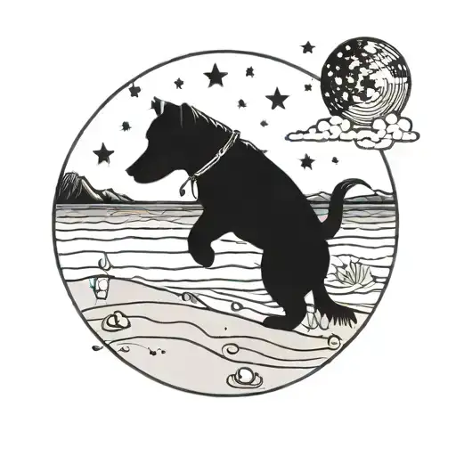 A Beach Scene With A Dog Playing In The Sand Under A Starry Night Sky