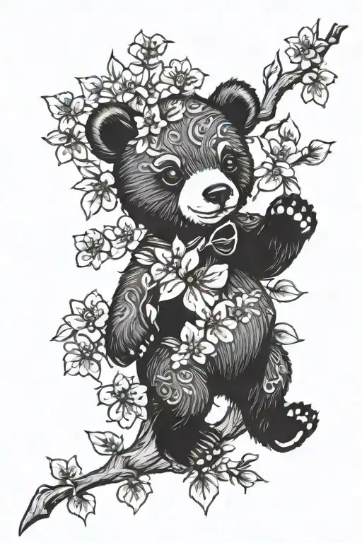 Baby Bear In Cherry Blossom Tree