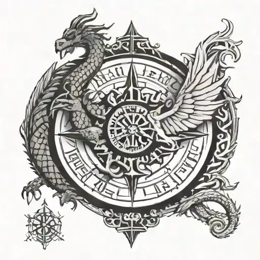 Dragon And Phoenix Vegvisir Viking Compass