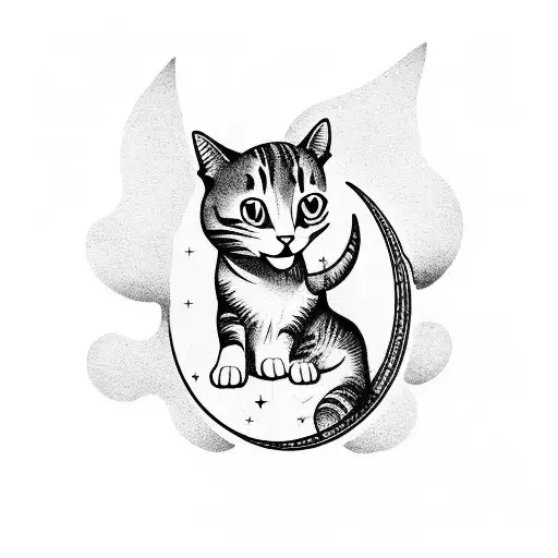 Full Body Silhouette Of A Cat Laying On A Crescent Moon Reaching Down