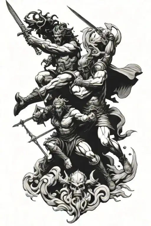 Ares And Medusa And Hades And Posidon Fighting Eachother Very Hard With Their Weapons