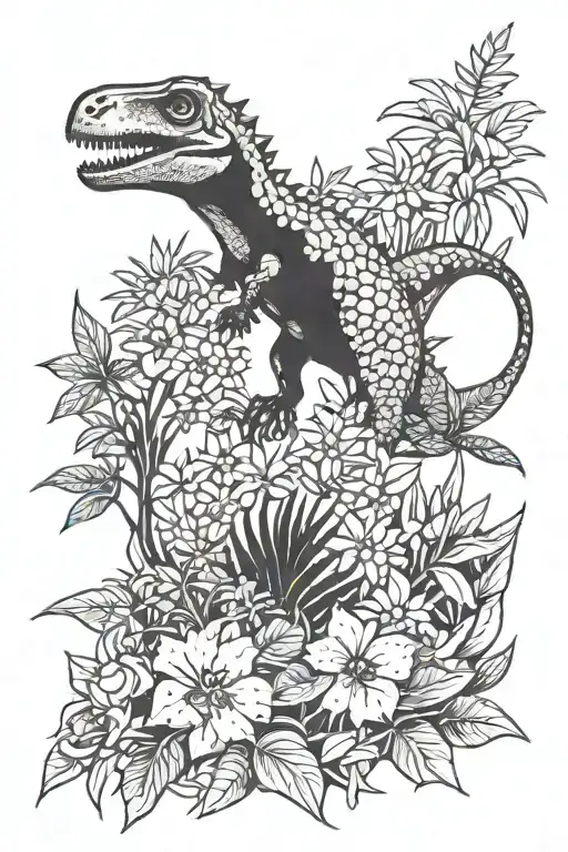 Dinosaur And Jungle Plants And Flowers Growing