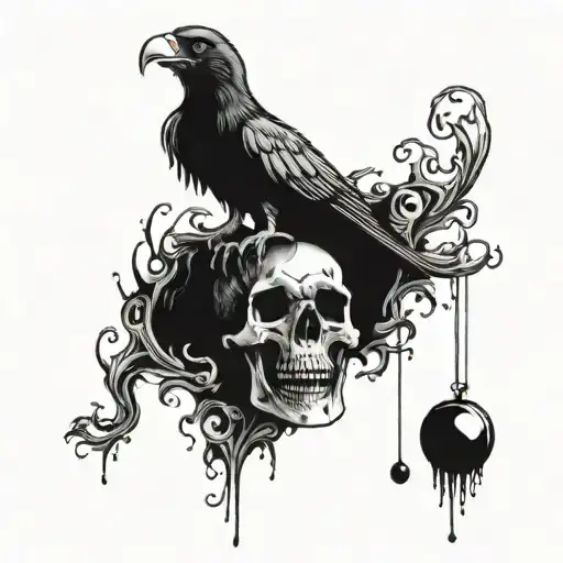 Crowing Standing On Skull With Eyeball Hanging From Mouth