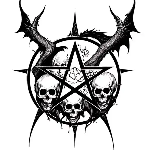 Pentagram With Demon And Skulls