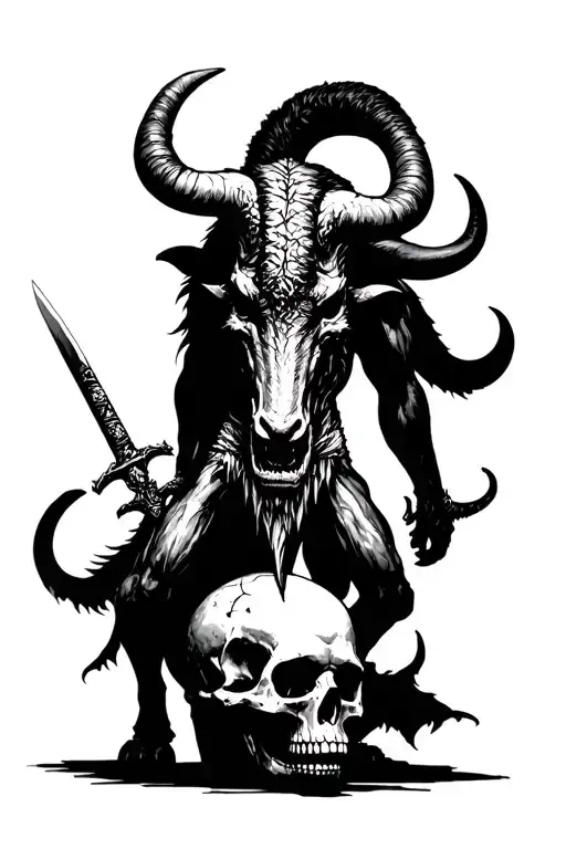 Demonic Minotaur On Skulls With Sword