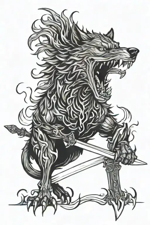 Snarling Black Wolf With A Sword