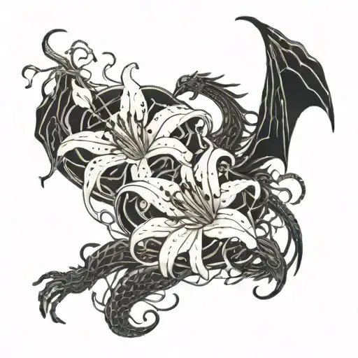 Spider Lily Flowers With A Dragon And A Phenix Fighting