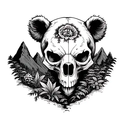 Bear Skull Surrounded By Mountains And Plants Horror