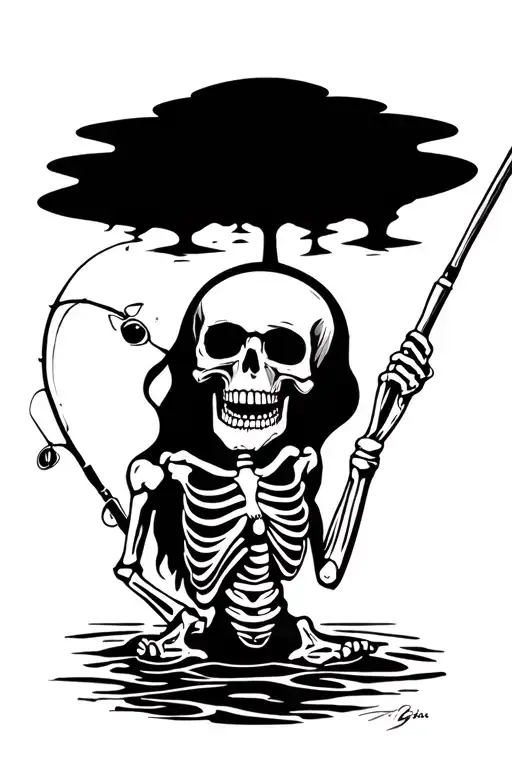 Skeleton Holding Fishing Pole Funny Modern Minimalist