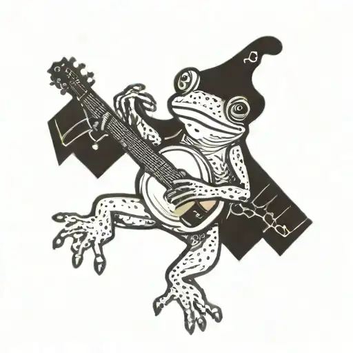 A Blackwork Tattoo Of A Frog Playing A Guitar Inspired By A Favorite Music Album Cover