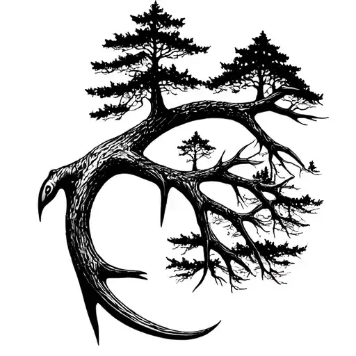 Antlers And Fish Hook With Trees