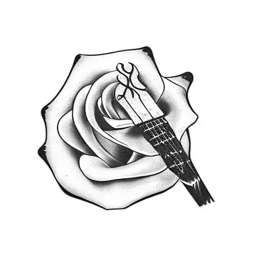 A Realistic Blackwork Tattoo Of A Drumstick And Guitar Pick Crossed With A Blooming Rose