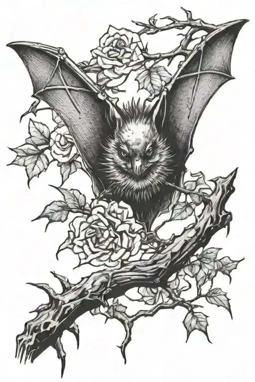A Bat Sits On A Branch With Thorns Wrapped