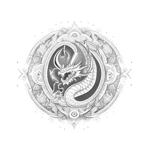 Design A Blackwork Tattoo Of A Dragon With Metaphysical Symbols Incorporated Into Its Scales