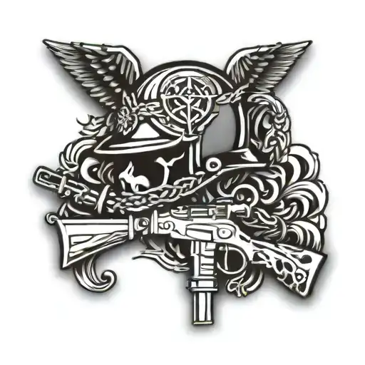 Incorporate A Stylized Caduceus Symbol With A Military Helmet And A Rifle