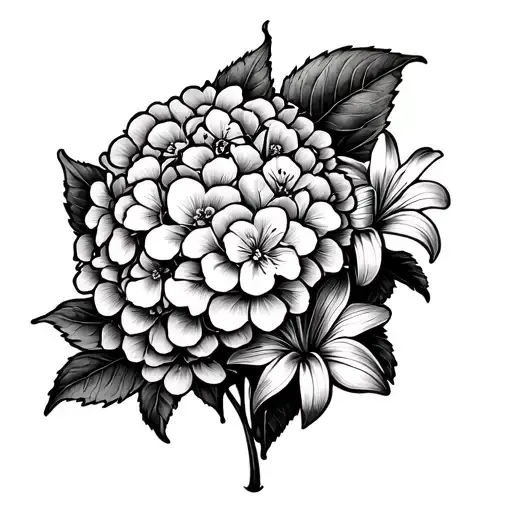 2 Hydrangea Flowers And 3 Lily Flowers Around Fine Line