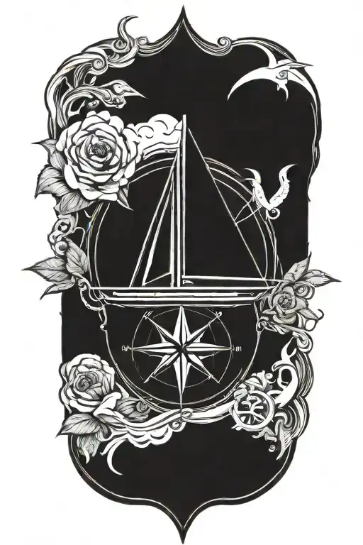 Compass Rose With Anchor And Sailboat Navigating