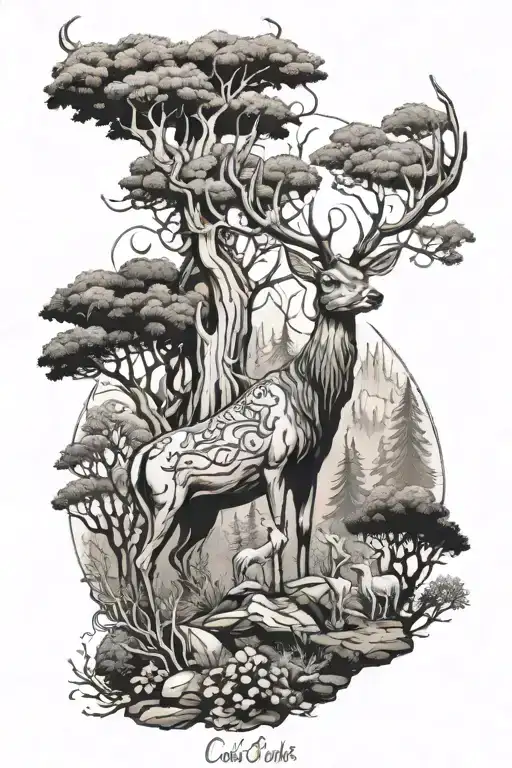 Hooded Deer Cernunos In A Forest Scene
