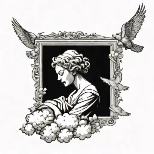 Angel Resting On Cloud With Pigeons Flying