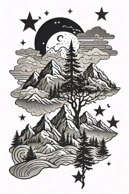 Mountains With Trees With Moon And Stars