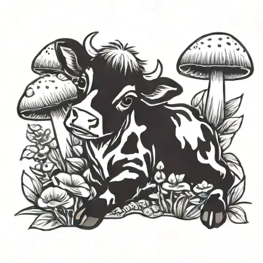 Baby Cow Surrounded By Mushrooms