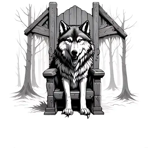 A Scarred Wolf Sitting On A Reconstructed Throne In A Forest