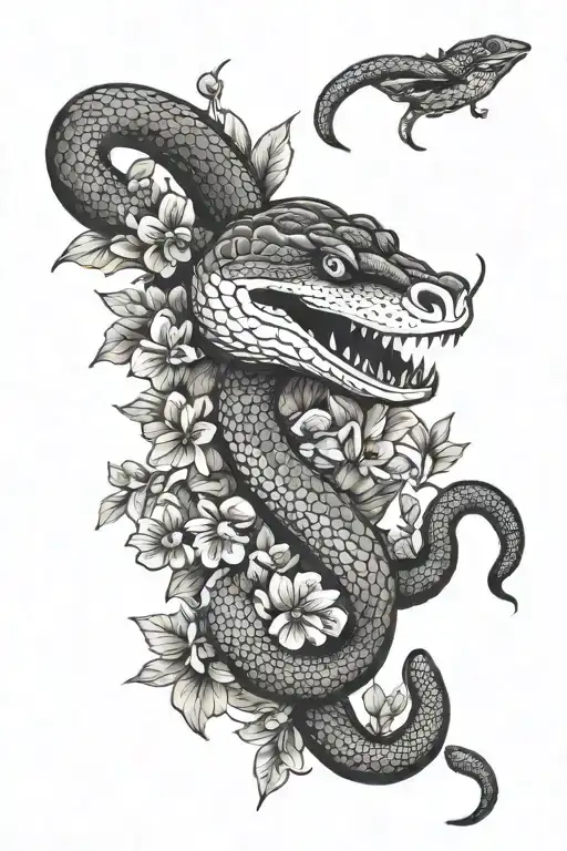 A Snake Sticking Out Its Fangs And Tongue Surrounded By Flowers
