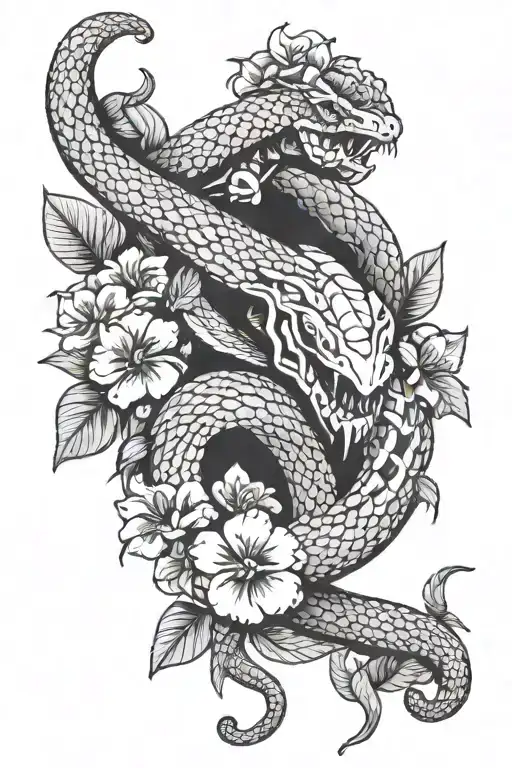 A Snake Sticking Out Its Fangs And Tongue Surrounded By Flowers