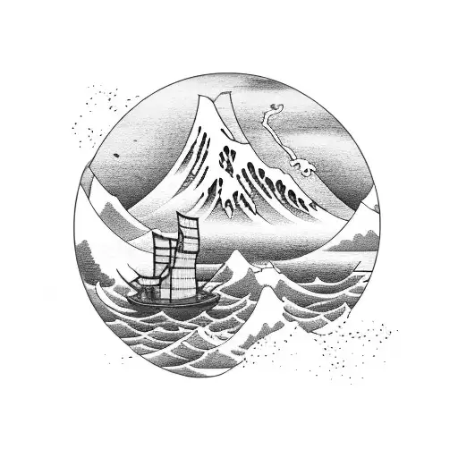 Japanese Style Stormy Seas With Boats And A Mountain Landscape In The Background