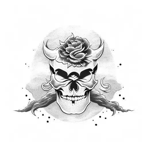 Skull With Shadow Like A Fog And Oni Skull And Japanese Flower