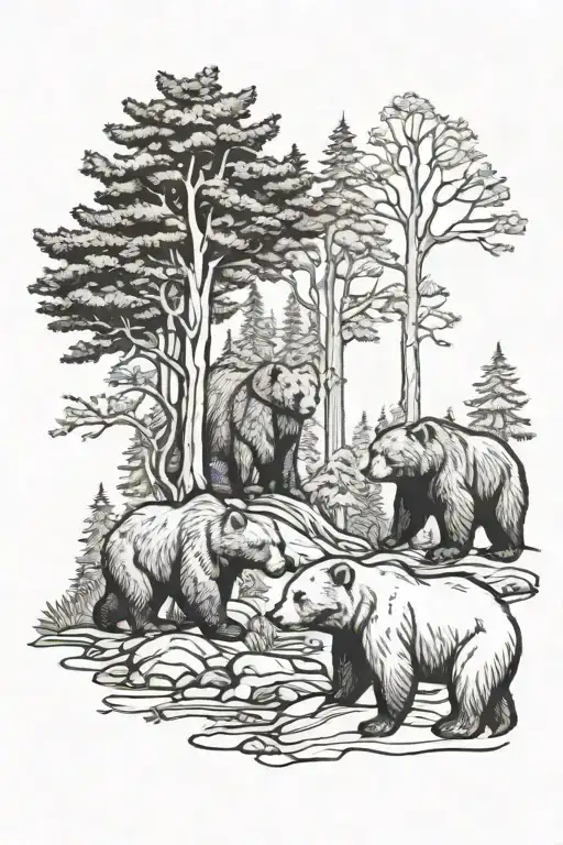4 Bears In The Forest Scene