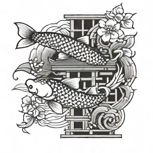 Koi Fish With Japanese Red Gate And Sakura Tree Detailed