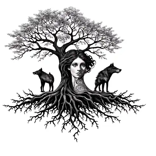 Two Wolves Constituting The Roots Of The Tree Of Life Whose Trunk Is A Woman's Face