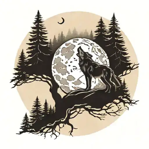 A Wolf Howling At The Moon Surrounded By A Forest Scene