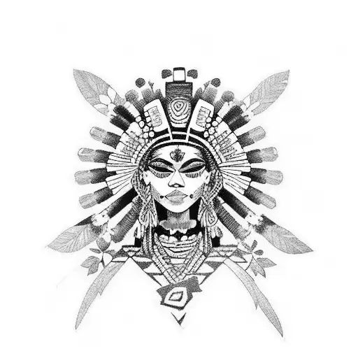 Aztec Girl With A Headdress Made Of Vibrant Flowers