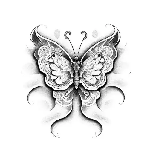 Butterfly Tattoo In The Middle Of Which Is Depicted A Terrified Skull