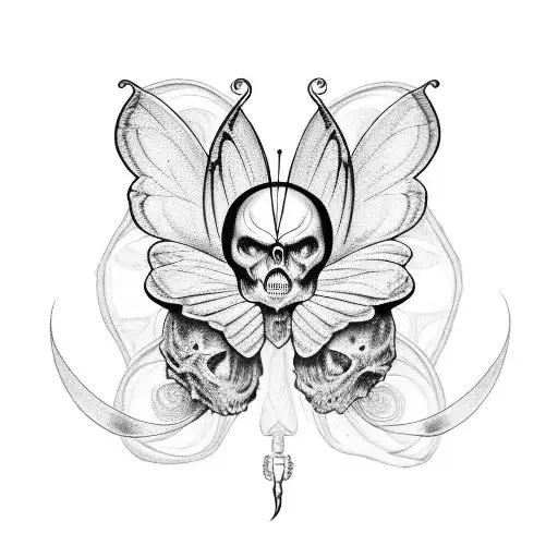 Butterfly In The Old School Style In The Middle Of Which A Frightened Human Skull Is Depicted