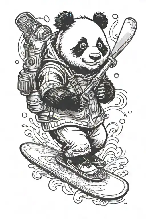 Panda Snowboarding With Knife And Frying Pan