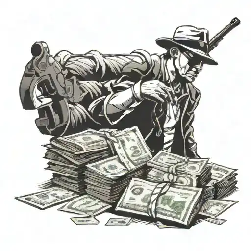 Blackwork Silhouette Of A Gangster Leaning On A Pile Of Cash With Guns In The Background