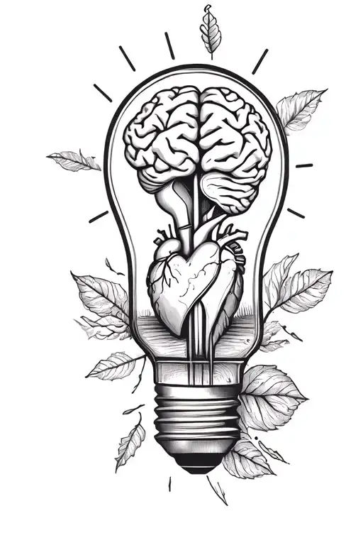 Half Brain Half Heart Inside Lightbulb Fine Line Shading