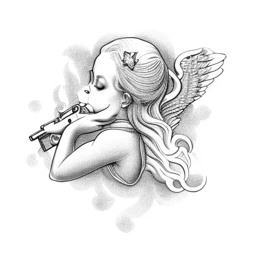 A Blackwork Design Of An Angelic Figure Gracefully Blowing Kisses While Holding A Gun