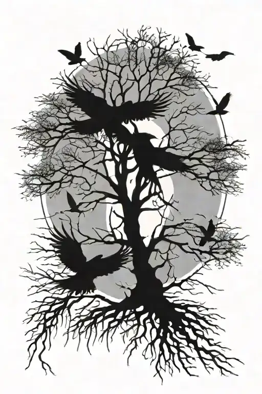Tree With Crows Flying Towards The Sun