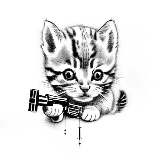 Small Kitten Holding A Large Gun And Looking Ready To Fight