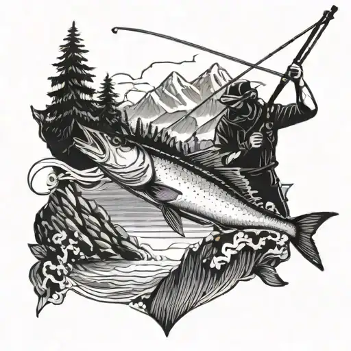 A Blackwork Tattoo Of A Fisherman Reeling In A Big Catch With A Scenic Mountain Backdrop