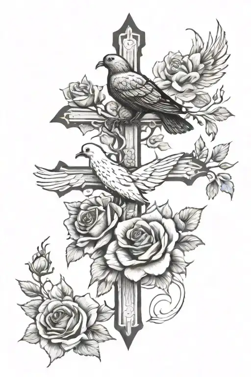 Cross With Roses Growing Up It And A Dove On One Side And A Raven On The Otherside