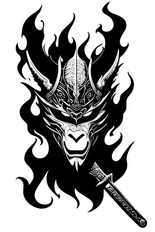 Burning Mengu Mask Of A Samurai Demon And A Katana