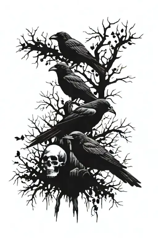 Ravens And Skulls On A Background Of Thin Trees Without Leaves