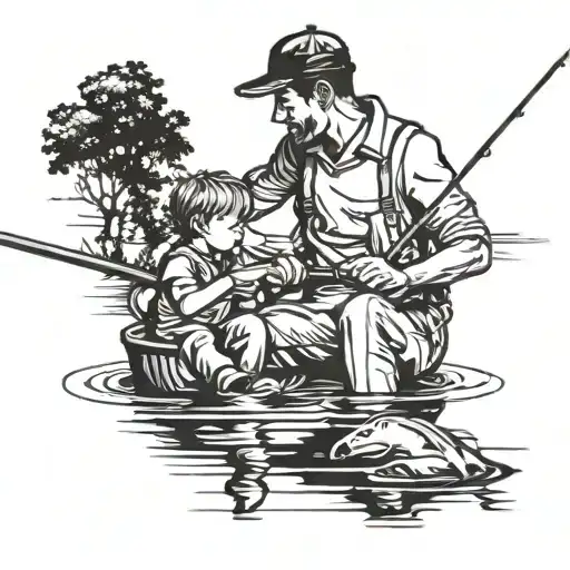 A Father And Son Fishing Together On A Serene Lake