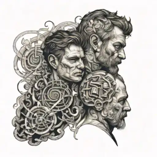 An Intricate Tattoo Depicting The Transmission Of Thoughts Between A Father And His Heir