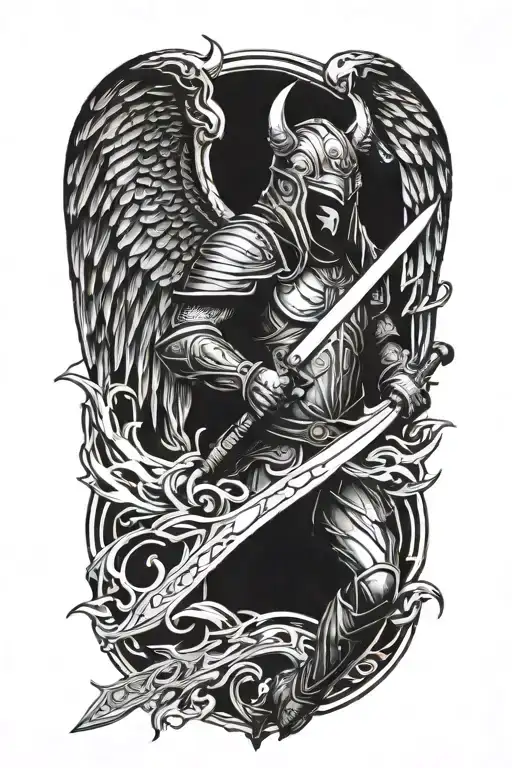 Angel With A Dragon Tribal Helmet Holding A Sword